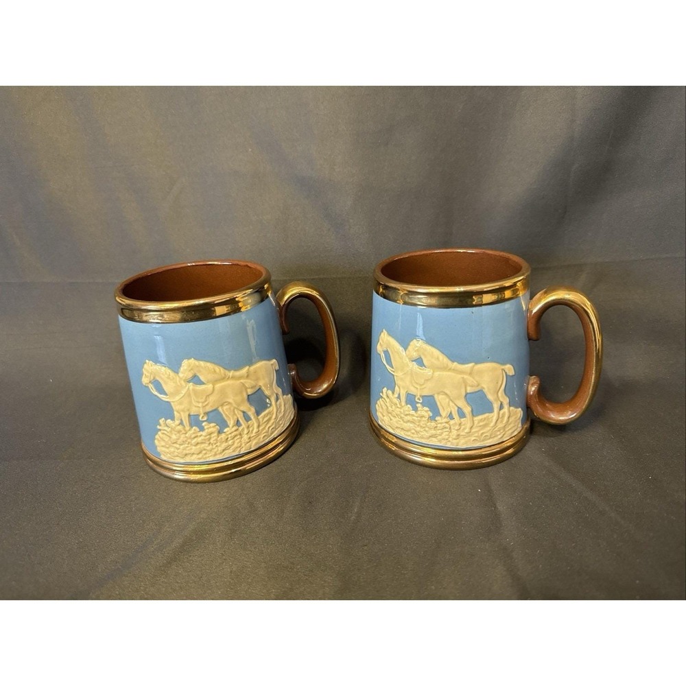 Vintage blue and gold colour Gibsons ceramic tankard/mug w/white horses ornament